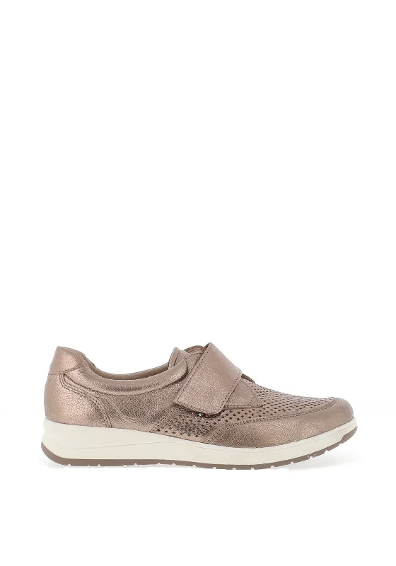 Caprice Metallic Leather Velcro Strap Shoes, Taupe Metallic