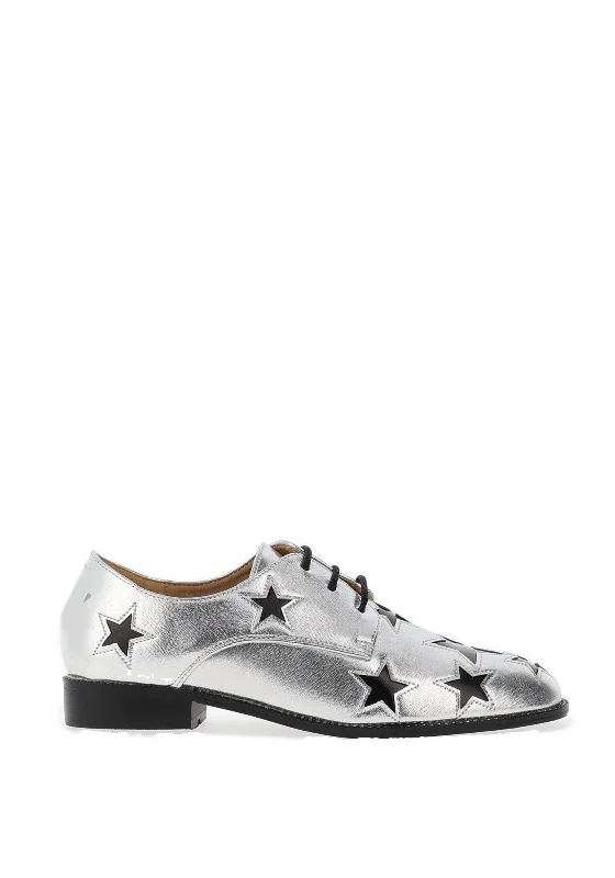 Dancing Matilda Trapeze Metallic Star Brogues, Silver & Black