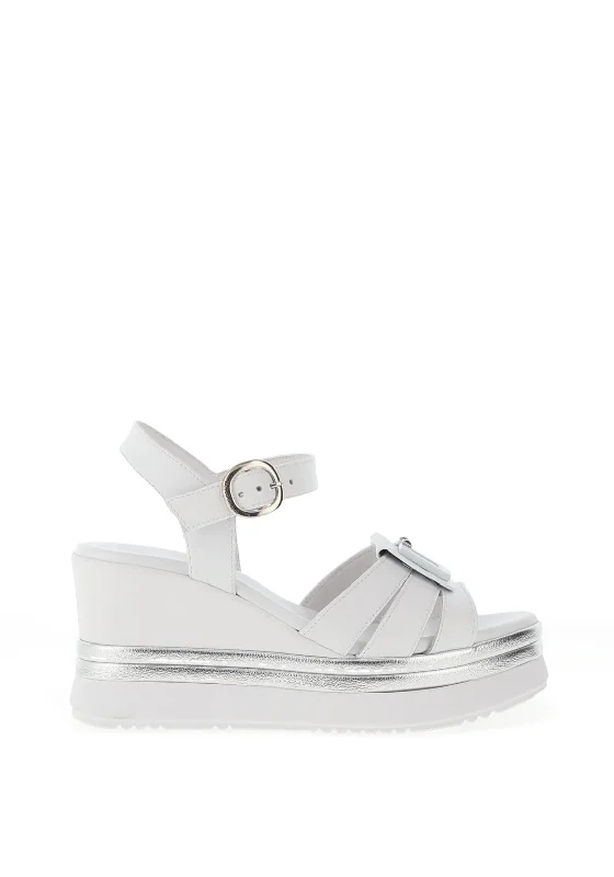 Nero Giardini Leather Logo Wedged Sandals, White