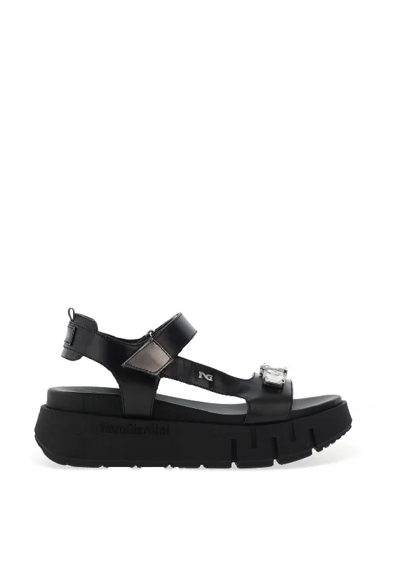 Nero Giardini Leather Diamante Platform Sandals, Black