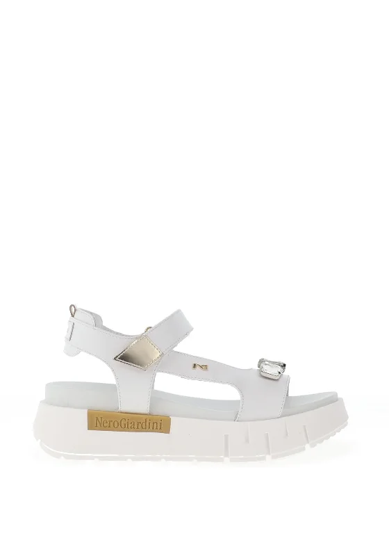 Nero Giardini Leather Diamante Platform Sandals, White