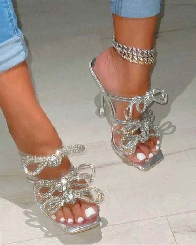 Rhinestone Bow Decor Striking Square Toe Sandals