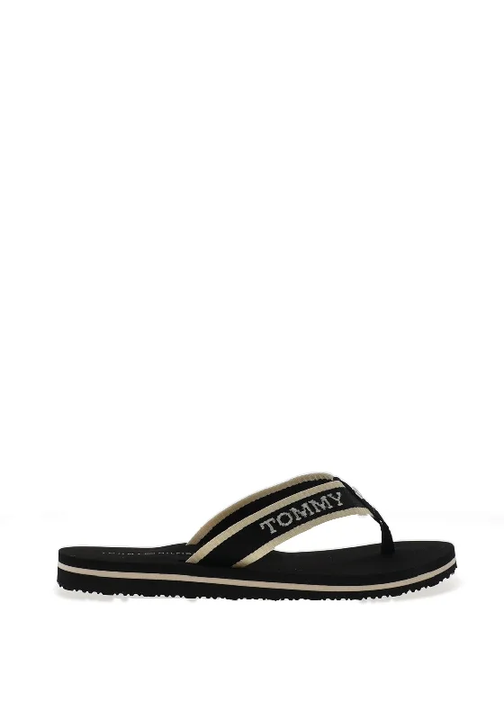 Tommy Hilfiger Womens Monotype Webbing Flip Flop Sandals, Black