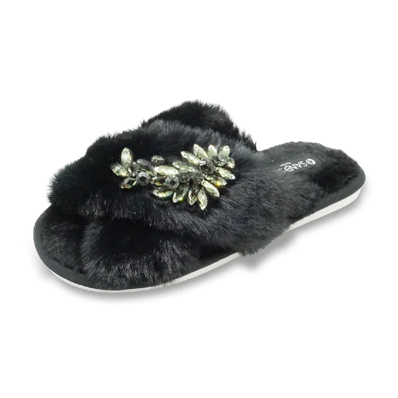 Black Fur Slippers - Black Manhattan Crystal Rhine Stone  Embellished Fluffy Womens Room Shoes