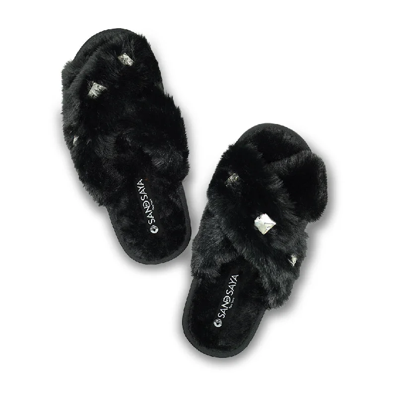 Black Fur Slippers - Studs Crystal Embellished Fluffy Womens Room Shoes