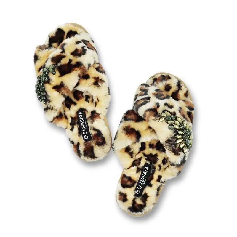 Leopard Fur Slippers - Black Manhattan Crystal Rhine stone Embellished Fluffy Womens Room Shoes